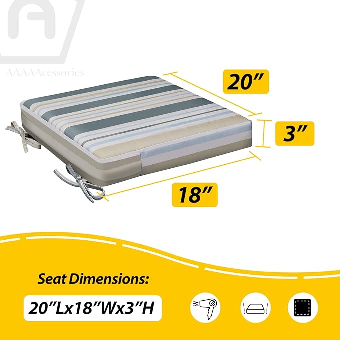 AAAAAcessories Outdoor Seat Cushions for Chairs, Waterproof, Fade-Resistant, 20" x 18" x 3", Patio Furniture Replacement Cushions, Set of 2, Slate Gray Blue Coastal Stripe
