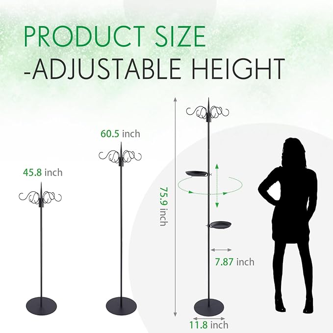 1 Set 75.9" Shepherd's Hook Stand for Bird Feeder, Hanging Plant, Wind Chime, Waterproof Metal & Adjustable Standing Pole Holder for Indoor Outdoor, with 2 Rack & Weight Bag (4 Hooks)