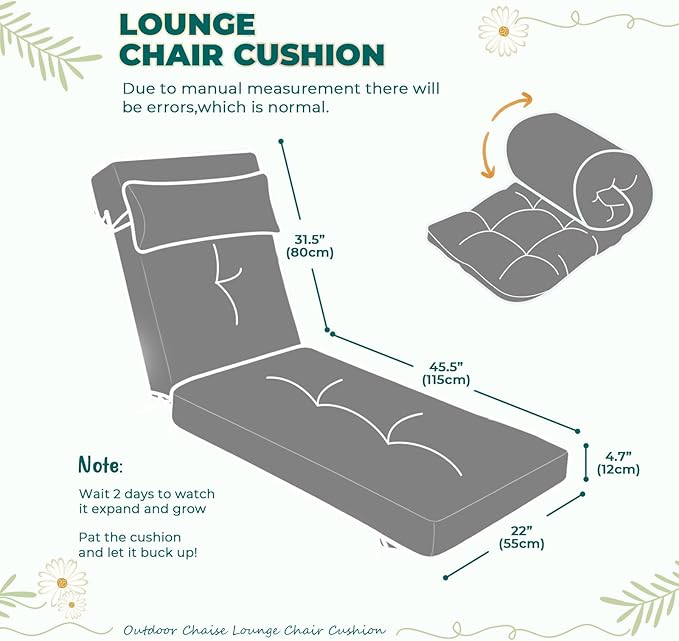 Waterproof Lounge Chair Cushion Outdoor for Chairs, Fade Resistant Patio Lounger Replacement Chaise Cushions with 6 Ties, Thickened Memory Foam Pool Chaise Chair Cushions, 76x22x4.7 Inches Bright Gray