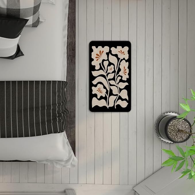 Boho Beige and Black Floral Door Mat - Bohemian Neutral Floral Front Door Welcome Mats Outdoor Entrance, 17x30 Rug