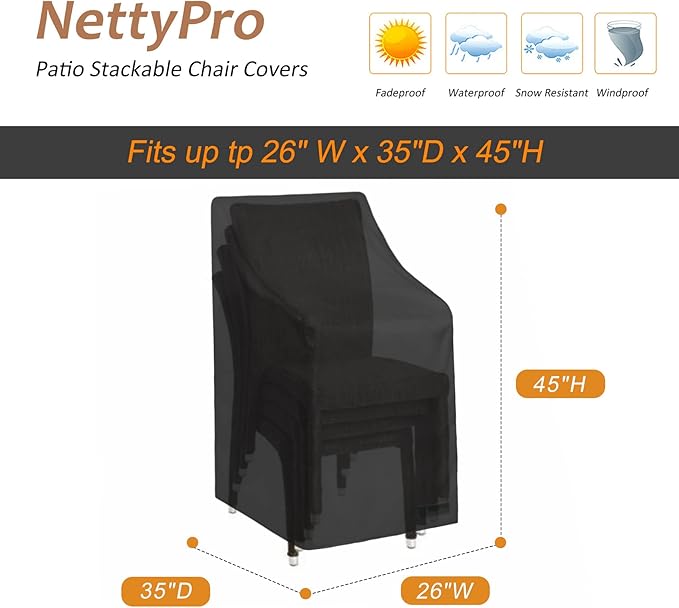 NettyPro Stackable Patio Chair Covers Waterproof Outdoor Patio Furniture Stacking Chair Cover, Fits for 4-6 Stack Dining High Back Chairs, 26"W x 35"D x 45"H, Black