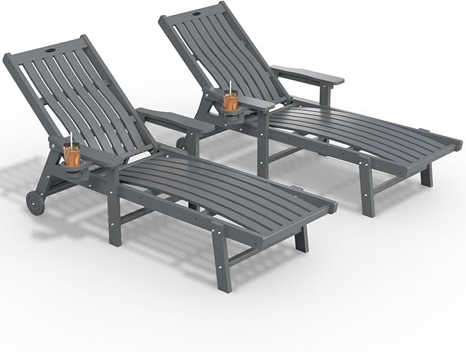 Patio Chaise Lounge Chair Set of 2, Oversized Lounge Chair Outdoor with 5 Positions, HDPE, Patio Lounge Chair with Wheels & Cup Holder for Pool, Deck, Poolside,Grey