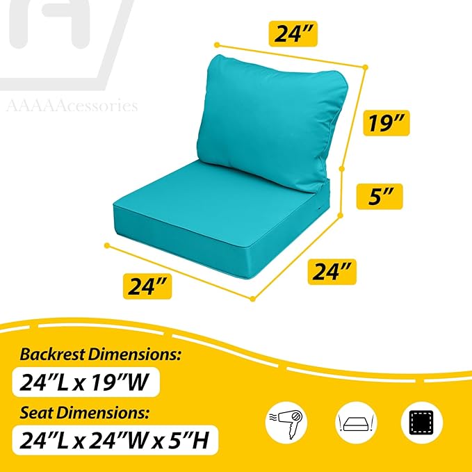 AAAAAcessories Outdoor Deep Seat Cushions, Waterproof, Fade-Resistant Patio Furniture Replacement Cushions, Set of 4, 24" x 24" x 5",Turquoise Blue