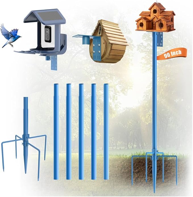 Bird Feeder Pole Stand – 90 Inch Height Feeding Station with 1-Inch Dia Heavy Duty for Hanging Feeders, Bird House Pole Mount Kit for Outdoor, Slip-Fit Connection, Blue
