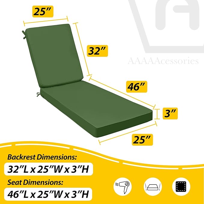 AAAAAcessories Outdoor Chaise Lounge Cushions, Fade-Resistant, Waterproof Patio Furniture Replacement Cushions, 78" x 25" x 3", Dark Moss Green