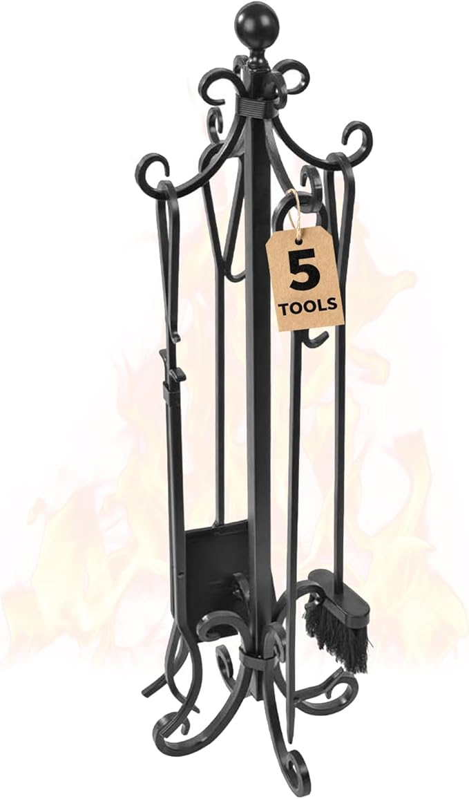 AMAGABELI GARDEN & HOME 5 Pieces Fireplace Tools Set Heavy Duty Black Cast Wrought Iron Tool Set with Log Holder Fire Set Stand Scroll Rustic Antique Accessories Set