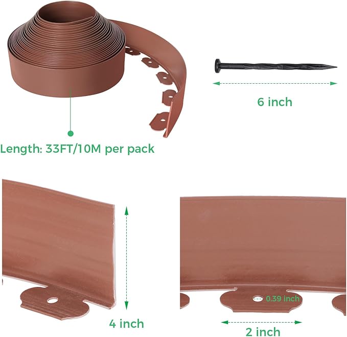 4-Inch x 33 FT Landscape Edging Border with 50 Spikes, Garden Edging Lawn Border Kit, Plastic Edging Border Flexible for Garden Flower Beds Lawn Yard Pathway (Brown)