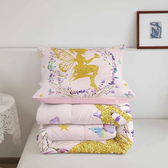 Erosebridal Dreamy Fairy Twin Comforter Set,Fairy Garden Floral Bedding Sets for Girls Kids,Pink Flower Butterfly Quilt Bed Set,Sweet Princess Cute Bedroom Decor,1 Pillowcase Reversible