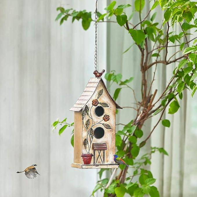 Jemeni 15" H Distressed Metal Birdhouses for Outdoors Hanging, Bird House Decorative for Outside Garden Yard, Double Hole with Floral Accents…………