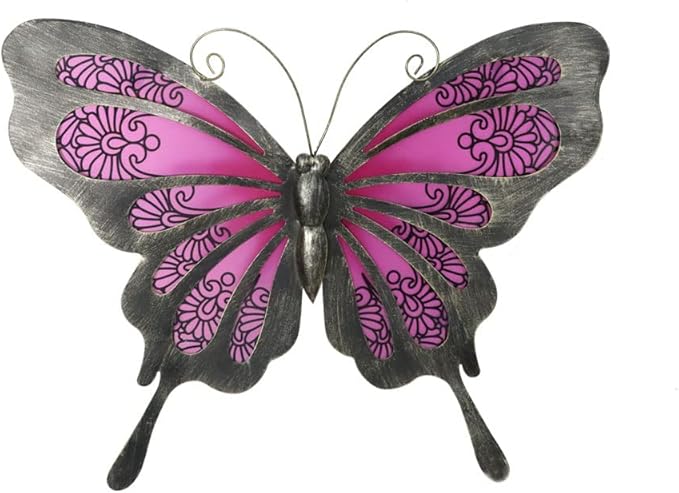 LIFFY Metal Butterfly Wall Decor,12" Glass Butterfly Outdoor Wall Decor,Hanging Garden Decorations Outside for Yard Fence Patio