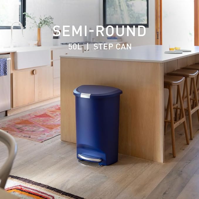 simplehuman 50 Liter / 13 Gallon Hybrid Semi-Round Kitchen Step Trash Can with Secure Slide Lock, Indigo Plastic