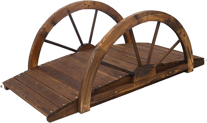 5 FT & 3.3 FT Wooden Garden Bridge, Stained Wood Arc Footbridge with Chain or Half-Wheel Railings for Backyard Pond, Creek, Farmhouse Landscape Decor, Easy Assembly (Brown-3FT)