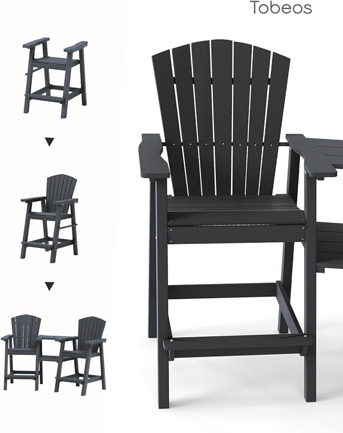 Tall Adirondack Chairs Set of 2, HDPE Outdoor Adirondack Chairs with Double Connecting Tray, Bar Height High Back Patio Chairs for Balcony, Deck, Backyard (Black, 2-PC Bar Chair Set)