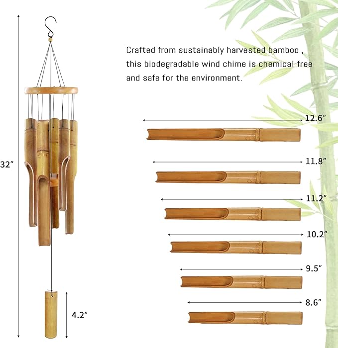 Bamboo Wind Chimes for Outside,Wooden Wind Chimes with Melody Soothing Tone,32" Classic Zen Bamboo Windchime for Porch Patio Garden or Indoor (FSC Certified)