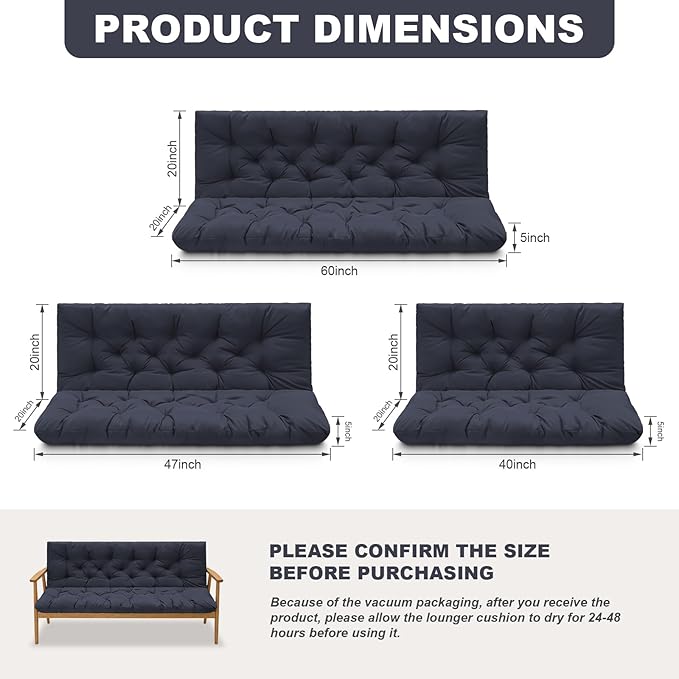 Outdoor Swing Cushions,Waterproof Swing Cushions 3 Seater Replacement with Backrest,Outdoor Thickened Bench Cushion with Ties for Porch,Patio,Backyard,Garden (Navy Blue 60 * 40 in)