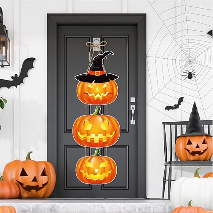 Halloween Door Decorations Pumpkin Hanging Sign Front Door Hanger Wreath Decor Indoor Outdoor Decor for Halloween Party Home Farmhouse Wall Porch Yard Window Decoration Supplies