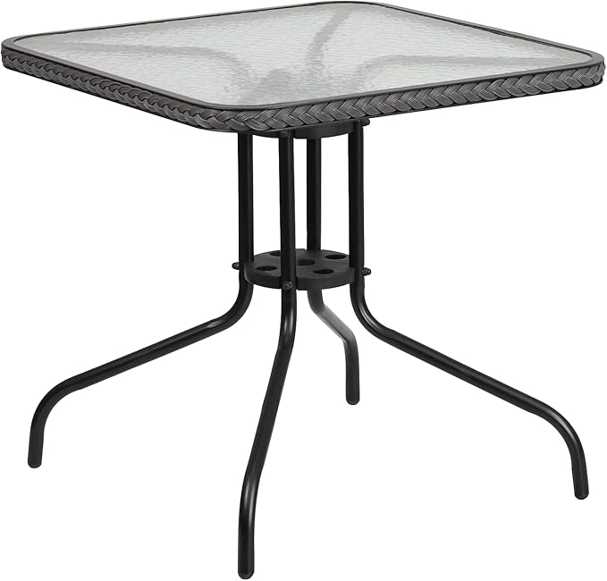 Flash Furniture 5-Piece 28" Square Indoor/Outdoor Patio Table and Chairs Set, Glass Metal Bistro Table and 4 Stacking Rattan Chairs, Gray