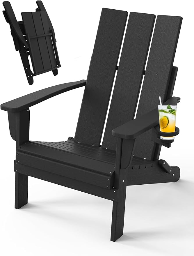 Adirondack Chair with Cup Holder, Folding Outdoor Lawn Chair, HDPE Plastic Fire Pit Chair, Weather Resistant Patio Chairs for Deck, Porch, Backyard, Garden