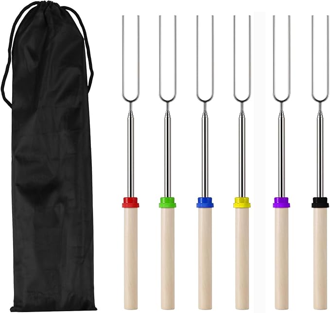 6 Pcs Marshmallow Roasting Sticks for Fire Pit, 32 in Extendable Smores Sticks for Fire Pit Party Bonfire Camping Accessories, Stainless Steel Barbecue Smores Skewers BBQ Skewers Forks Tools + Bag