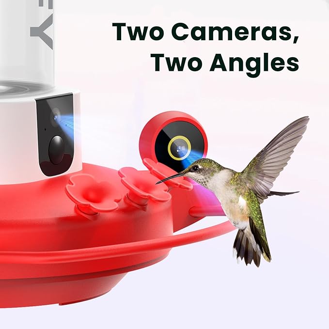 Birdfy Hummingbird Feeder with Dual Cameras - 2K HD Smart Cameras Solar Powered, Close-Up Bird Video/Live Watching & Instant Notifications, Ant Moat & Leakproof - 20oz