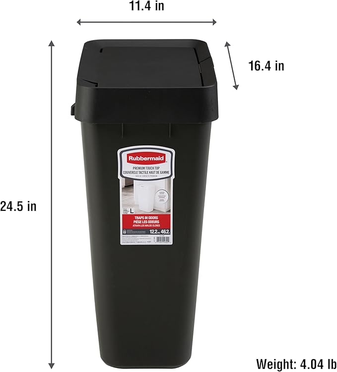 Rubbermaid Touch-Top Kitchen Trash Can with Lid, 12.2 Gallon, Black, Garbage Container for Home/Kitchen/Apartment/Garage
