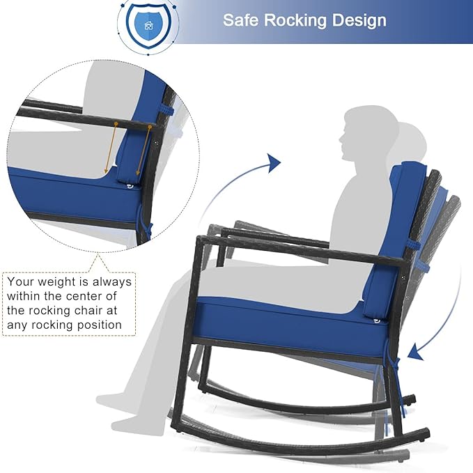 Tangkula Wicker Rocking Chair, Outdoor Glider Rattan Rocker Chair with Heavy-Duty Steel Frame, Patio Wicker Furniture Seat with 5” Thick Cushion for Garden, Porch, Backyard, Poolside (2, Blue)