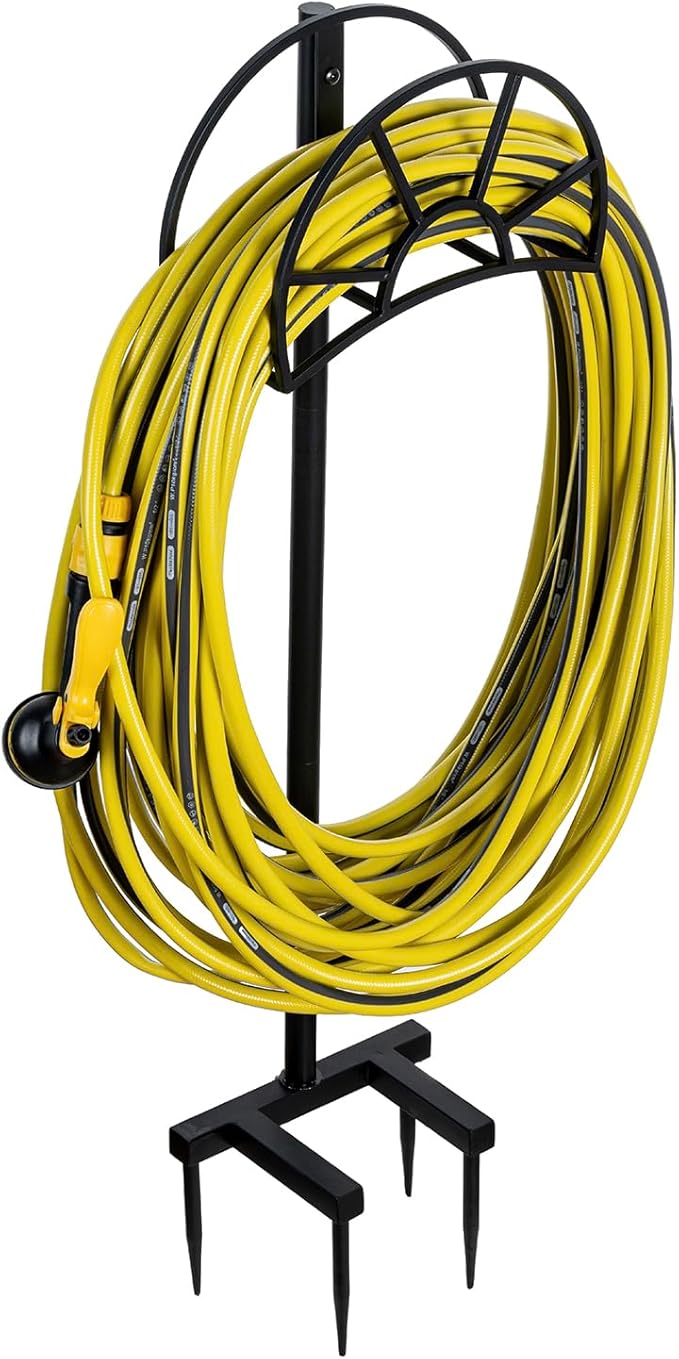 MyGift Metal Garden Hose Holder Stake, Modern Matte Black Metal Outdoor Garden Hose Holder Rack with Yard Grass Stake Anchors