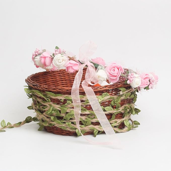 Tenn Well Burlap Leaf Ribbon, 66 Feet 5mm Natural Jute Twine Ribbon with Artificial Leaves for Crafts, Wedding, Jungle Safari Party, Baby Shower Decor, Home Decor