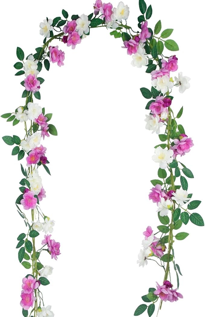 2 Pcs Artificial Flowers Garland for Outdoors Faux Gardenia Garland 12Ft Purple and White Silk Rose Hanging Vines Floral for Wedding Arch Party Wall Garden Ceremony Backdrop Fence Spring Decor