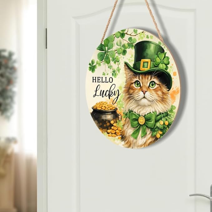 St. Patrick's Day Decoration Sign Funny Cute Cat Wall Pediment Holiday Shamrock Front Door Wooden Plaque Hello Lucky St Patricks Day Door Sign for Yard Porch Spring Summer Decoration