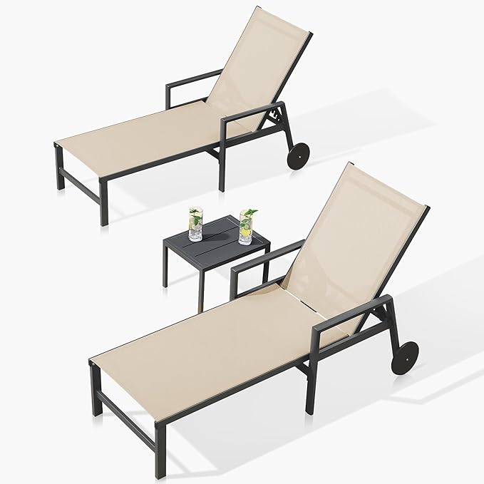 PURPLE LEAF 2 Pieces Outdoor Chaise Lounge Aluminum Patio Lounge Chair with Wheels and Armrests Outdoor Lounge Recliner Chair for Pool Backyard Beach Beige