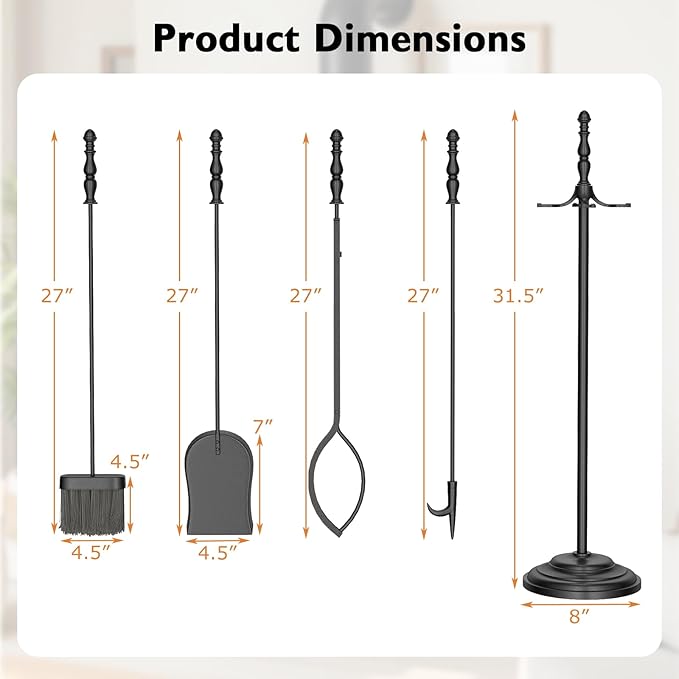 Tangkula 5-Pieces Fireplace Tool Set, 4-in-1 Indoor Outdoor Fire Place Set Tools with Poker, Tongs, Brush, Shovel and Round Stand, Metal Firepit Tool Set with Aluminum Handles, Black