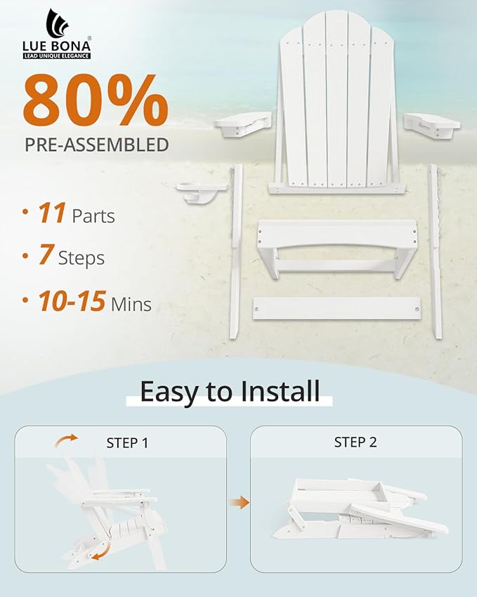 LUE BONA Folding Adirondack Chair, Chairs Set of 6, Cup Holder, Woodgrain, Fire Pit, Patio, Pool, White