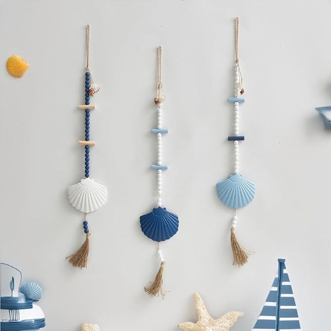 JQAQJU Wooden Driftwood Wall Decor, Scallop Shells Bathroom Decor with Sea Shells, Driftwood Beach Room Decor for Home Indoor Outdoor, Coastal Wall Art for Living Room, Bedroom and Dining Room Blue