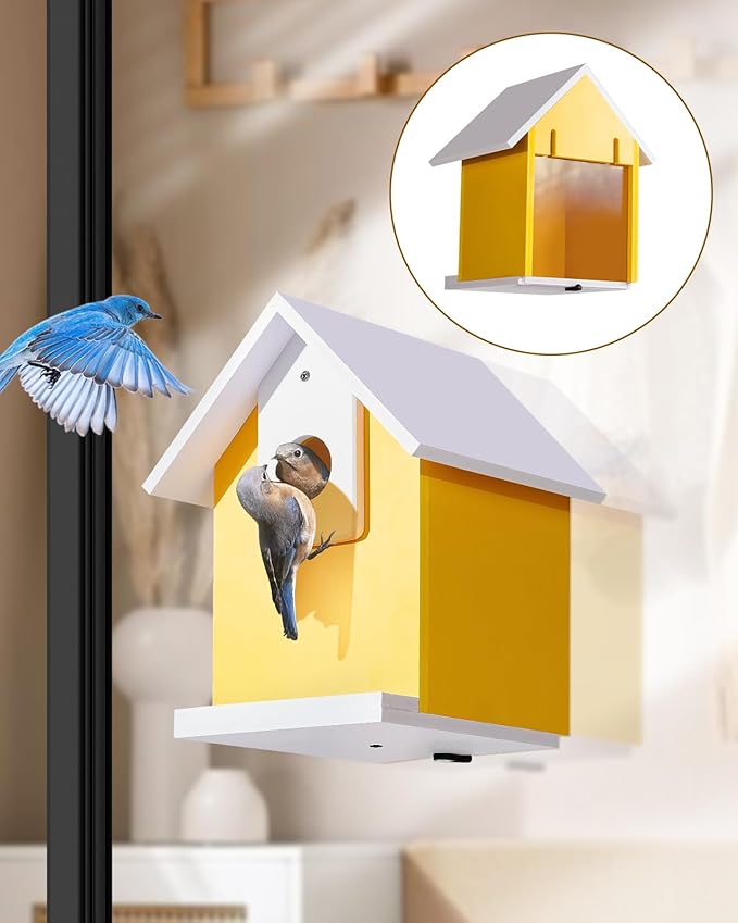 Water Proof Window View Bird House for Outside with 2 Powerful Hooks,Vinyl Birdhouse for Viewing Inside, Multifunctional Entrance For Various Birds 1.25" + 1.5" Hole, 10 Years Performance（Yellow）