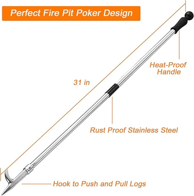 BsBsBest Fire Poker for Fire Pit, 31 Inch Extra Long Portable Campfire Poker for Fireplace, Camping, Wood Stove, Outdoor and Indoor Use, Rust Resistant Stainless Steel Silver Finish