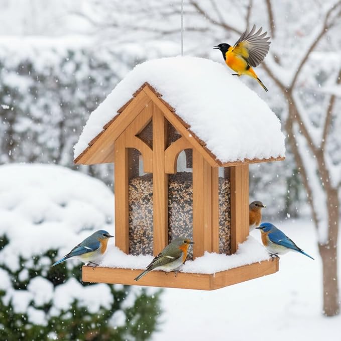 Large Bird Feeder for Outside Clearance, Hanging Birdfeeder for OutdoorCedar Wood Wild Bird Feeder- Holiday Delight, 10 Lbs Seed Capacity Wood Birdfeeder. (Chalet)