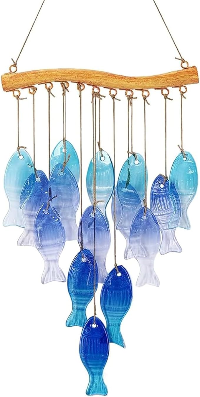 Wind Chimes Blue Glass Sea, Garden Wind Chime for Home, Beach Party, Festival Decor, Glass Garden Patio Yard Porch Decoration Indoor/Outside, Lifelike Fish Style