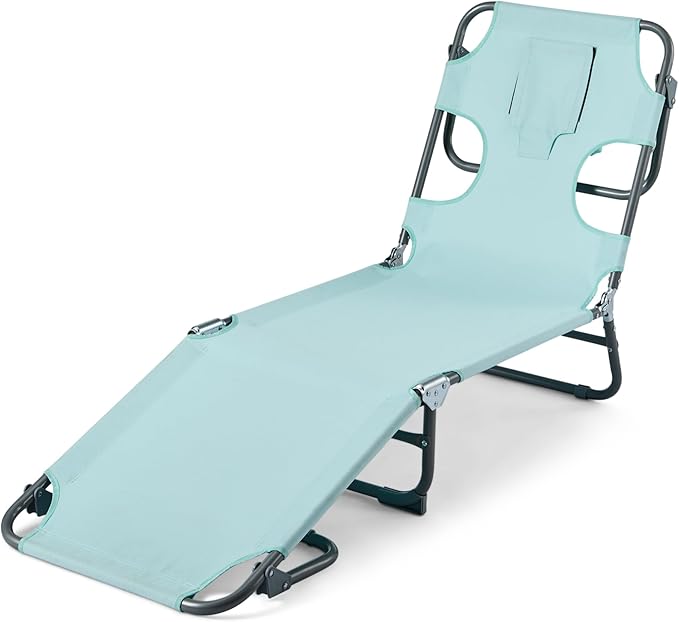 Amazon Basics Outdoor Lounge Chair, Foldable Design with Multi-Angle Backrest, Blue, 1-Pack