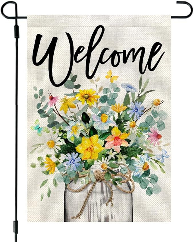 CROWNED BEAUTY Spring Floral Garden Flag Mason Jar 12x18 Inch Double Sided Small Burlap Seasonal Holiday Flag for Outside Yard Welcome CF1377-12