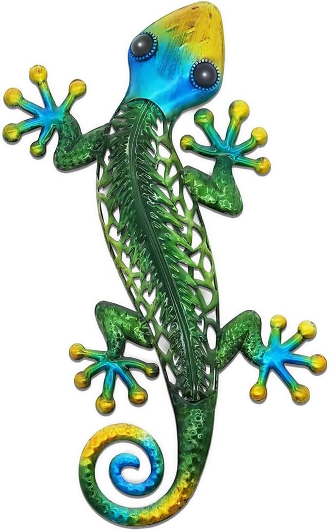 POXOHO Metal Gecko Wall Decor - Durable Outdoor Lizard Wall Art for Garden, Patio, Yard | Handcrafted Steel Lizard Sculpture with Rust-Resistant Coating | 3D Textured Reptile Decor (14 Inch)