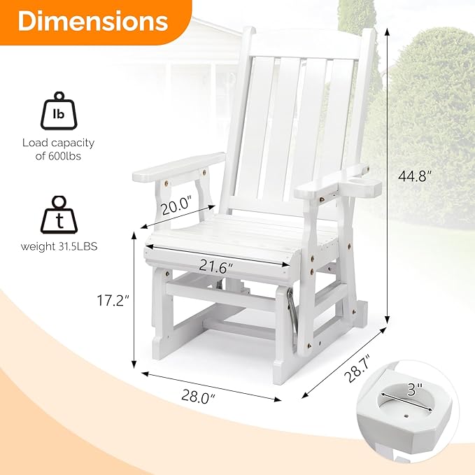 VINGLI Outdoor Glider Chair Wood Patio Glider with Cup Holder, Porch Glider with Smooth Rocking Mechanism, Heavy Duty 600 LBS, White