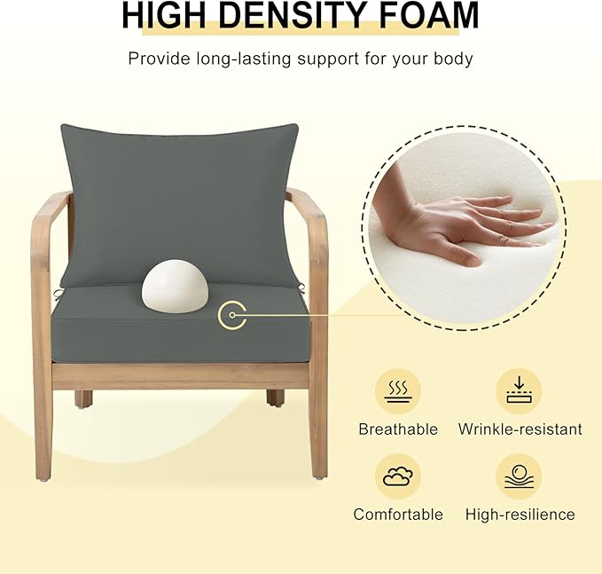 downluxe Outdoor Chair Cushions 22x22 with Removable Cover, Waterproof Patio Furniture Cushions, Deep Seat Cushions for Outdoor Furniture with Backrest for Sofa, Couch and Patio Chairs, Dark Grey