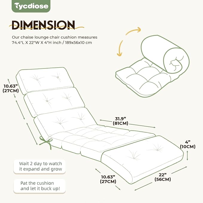 All Weather Chaise Lounge Cushions Outdoor Lounge Chair Cushion, Waterproof Memory Foam Chaise Lounger Chair Cushion for Outdoor Patio Furniture with Non-Slip Back and Ties, Green Floral