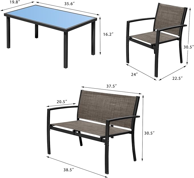 Devoko 4 Pieces Patio Furniture Set Outdoor Garden Patio Conversation Sets Poolside Lawn Chairs with Glass Coffee Table Porch Furniture (Brown)