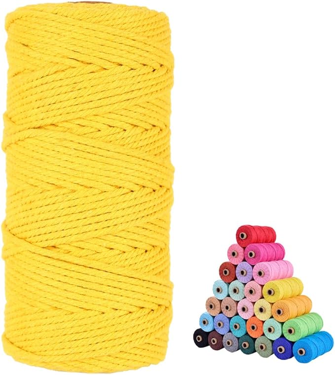 flipped 100% Natural Macrame Cotton Cord,3mm x109 Yard Twine String Cord Colored Cotton Rope Craft Cord for DIY Crafts Knitting Plant Hangers Christmas Wedding Décor (Lemon Yellow, 3mm*109yards)
