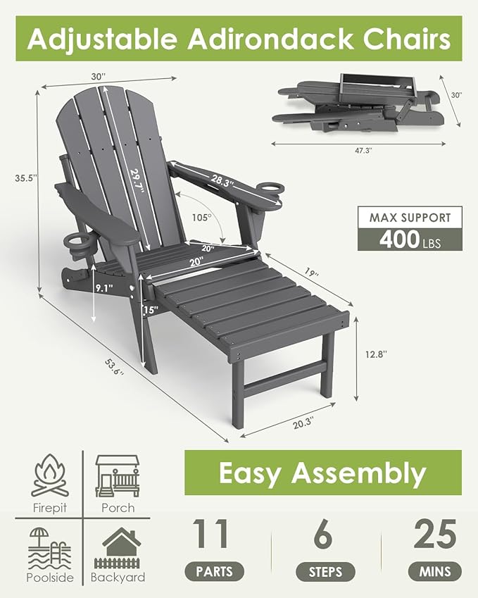 GREENVINES Adjustable Adirondack Chair with Retractable Ottoman Set of 2 | Folding | HDPE Plastic | Fire Pit Chairs w/Foot Rest | 2 Cup Holders | Grey | for Outdoor Patio Poolside Deck