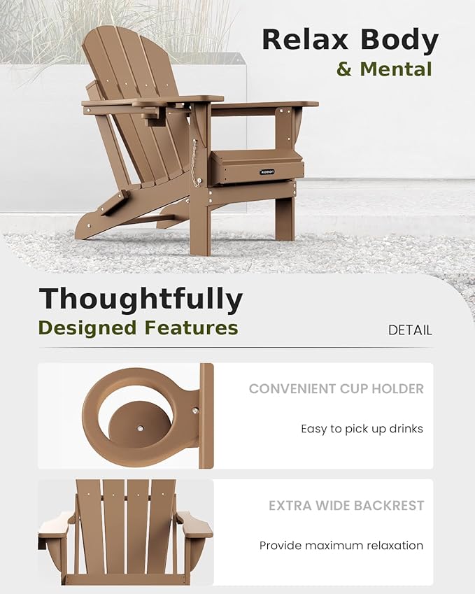 MUCHENGHY Folding Adirondack Chairs Set of 2, Patio Chairs, Lawn Chairs, Outdoor Chair, Adirondack Chair Plastic, Fire Pit Chairs, Weather Resistant with Cup Holder for Deck, Backyard, Garden(Teak)