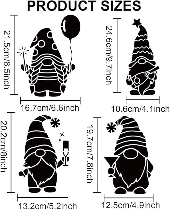 MAYJOYDIY 3pcs Happy New Year Gnome Stencil 11.8×11.8inch Reusable Christmas Gnome Stencils Fireworks Snowflakes Template with Paint Brush for Craft Wood Wall Home Decor