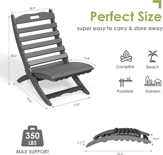 GREENVINES Folding Wave Chairs Set of 2 | Xavier | Portable Adirondack Chair | HDPE | All Weather | Gray | for Fire Pit Beach Outdoor Deck Poolside Garden Patio Porch Fishing